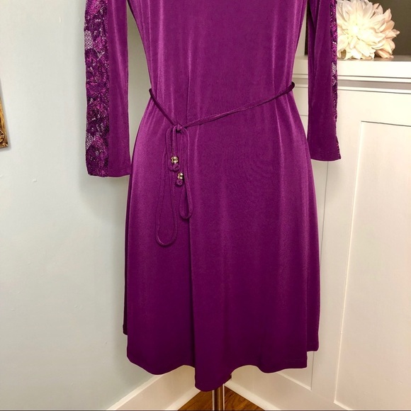 Ivanka Trump Lace Illusion Fit and Flare Dress Tie Waist Purple 4 Small - Picture 4 of 9